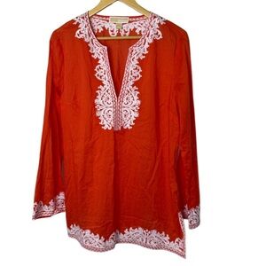 Michael Kors boho cotton v-neck blouse Large orange red/ white embroidered lace